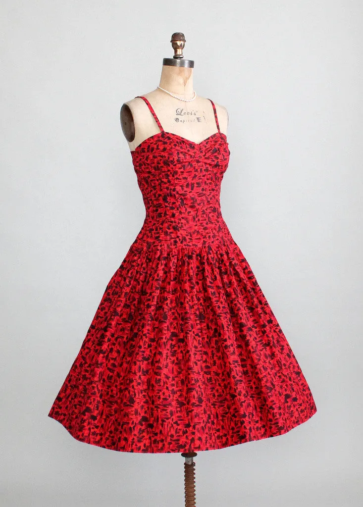 Vintage 1950s Red and Black Tiki Print Sundress