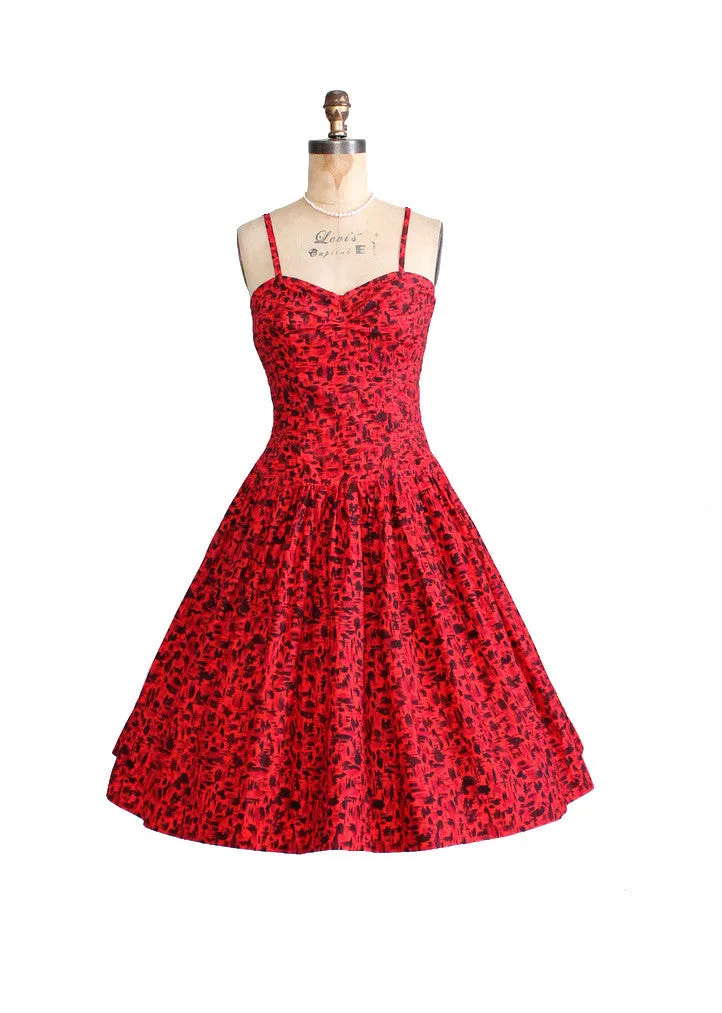 Vintage 1950s Red and Black Tiki Print Sundress
