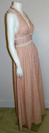 vintage 1970s maxi dress Princess Kaiulani red SEERSUCKER floral print gown XS - S