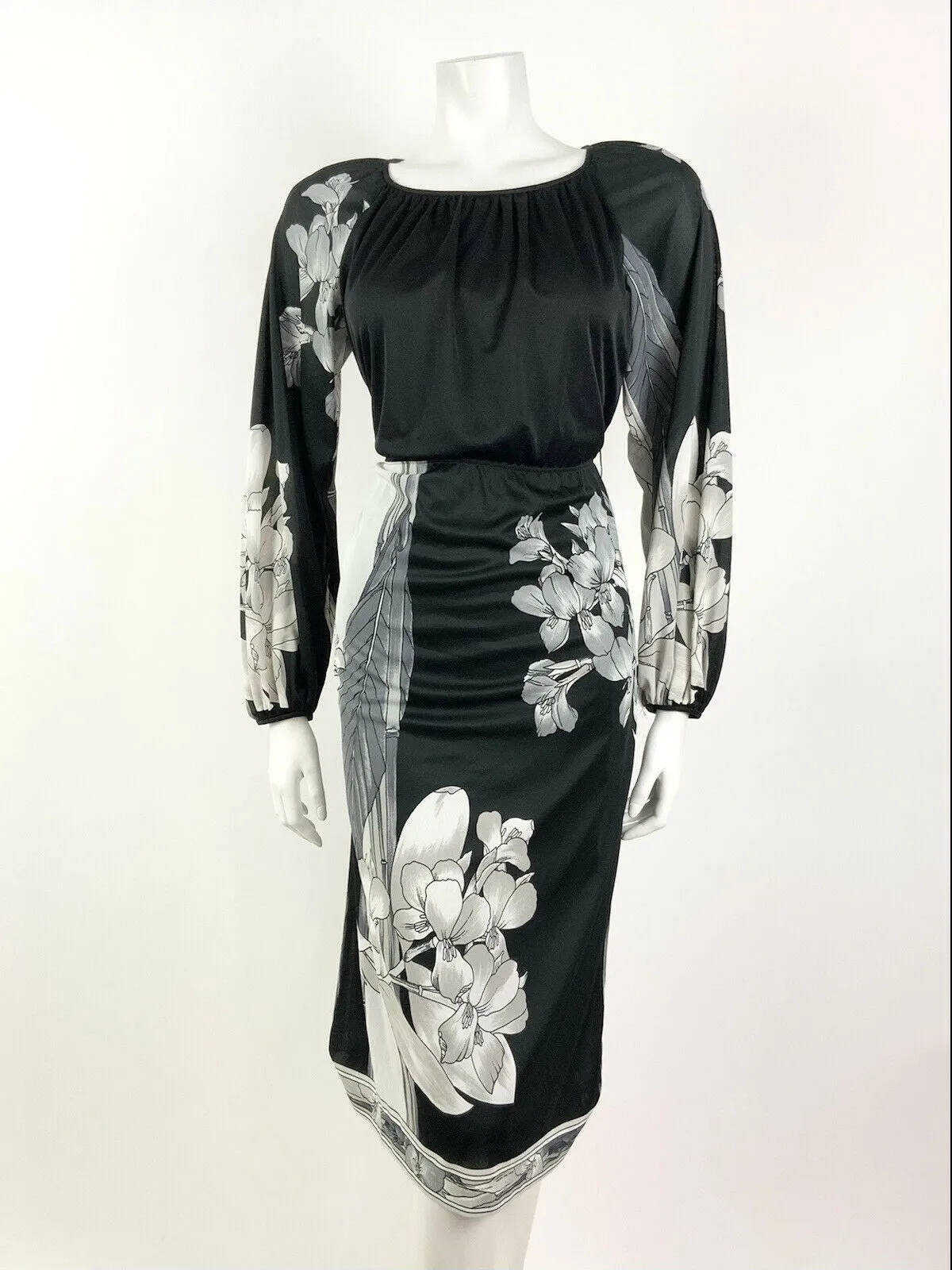 VINTAGE 60s 70s BLACK SILVER WHITE FLORAL LEAFY BOHO MIDI DRESS 8