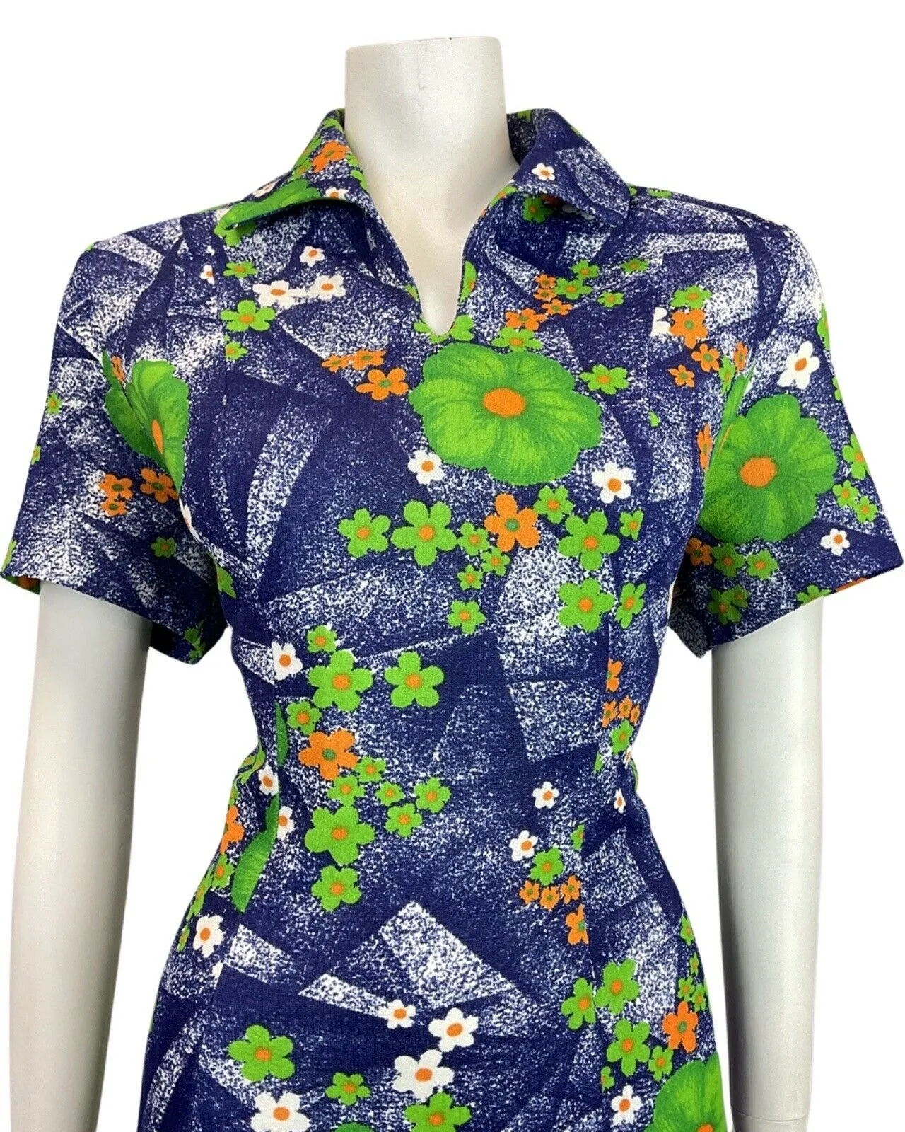 VINTAGE 60s 70s BLUE GREEN ORANGE FLORAL DAISY WING COLLAR MOD SHIRT DRESS 16