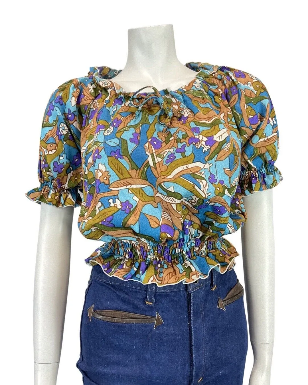 VINTAGE 60s 70s BLUE PURPLE BROWN PSYCEDELIC FLORAL MOD CROPPED BLOUSE TOP 12