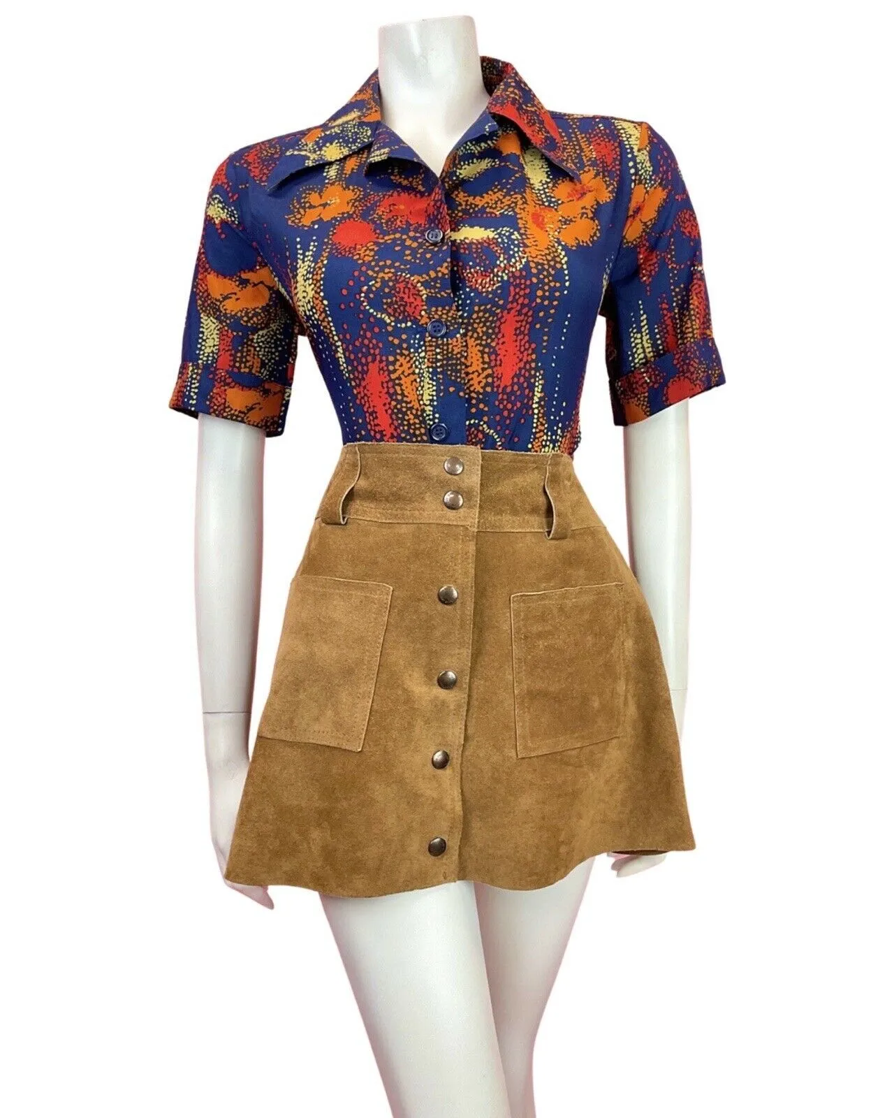 VINTAGE 60s 70s BLUE RED ORANGE PSYCHEDELIC ABSTRACT DOTTY MOD BLOUSE TOP 16