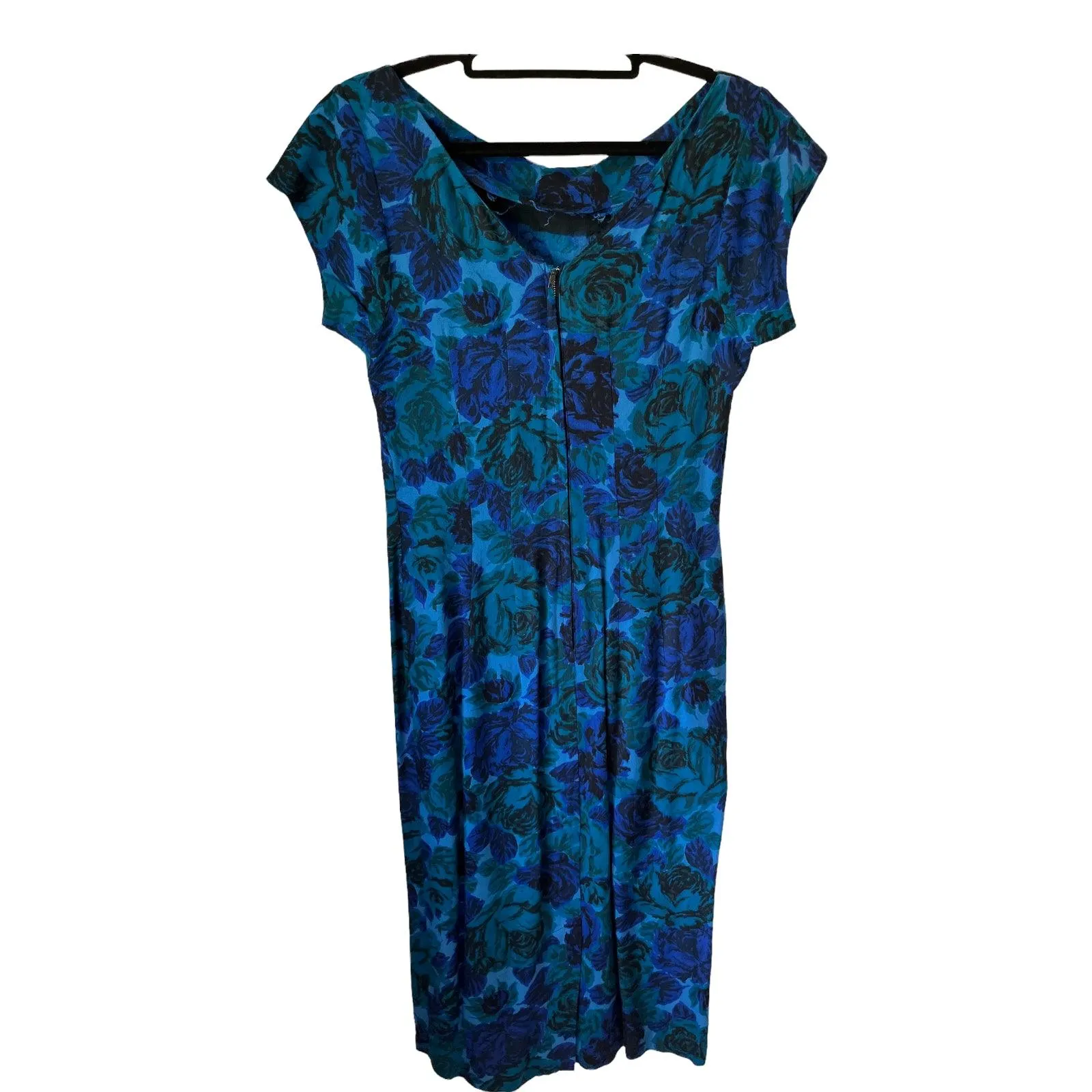 Vintage Blue Floral Capped Sleeved Long Line Dress UK Size 8