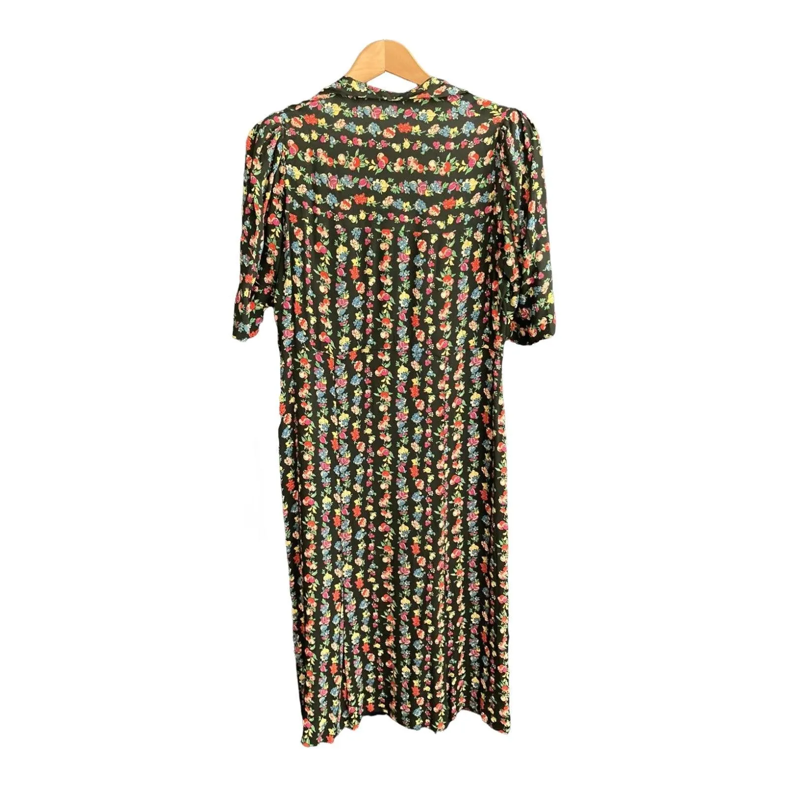 Vintage Cotton Black Multi-Coloured Floral Long Sleeved Dress UK Size 16