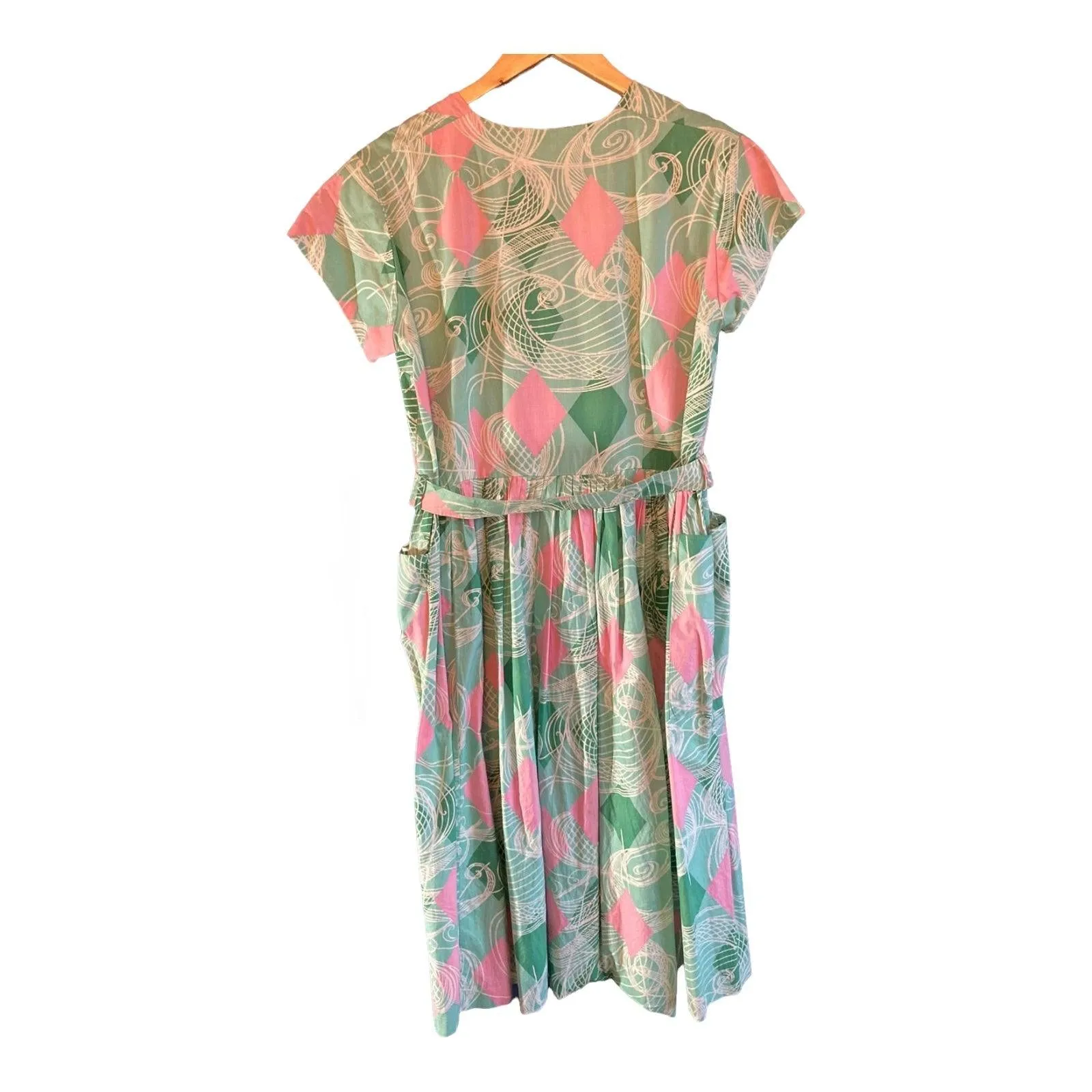 Vintage Cotton Mint Green And Pink Short Sleeved Dress UK Size 14
