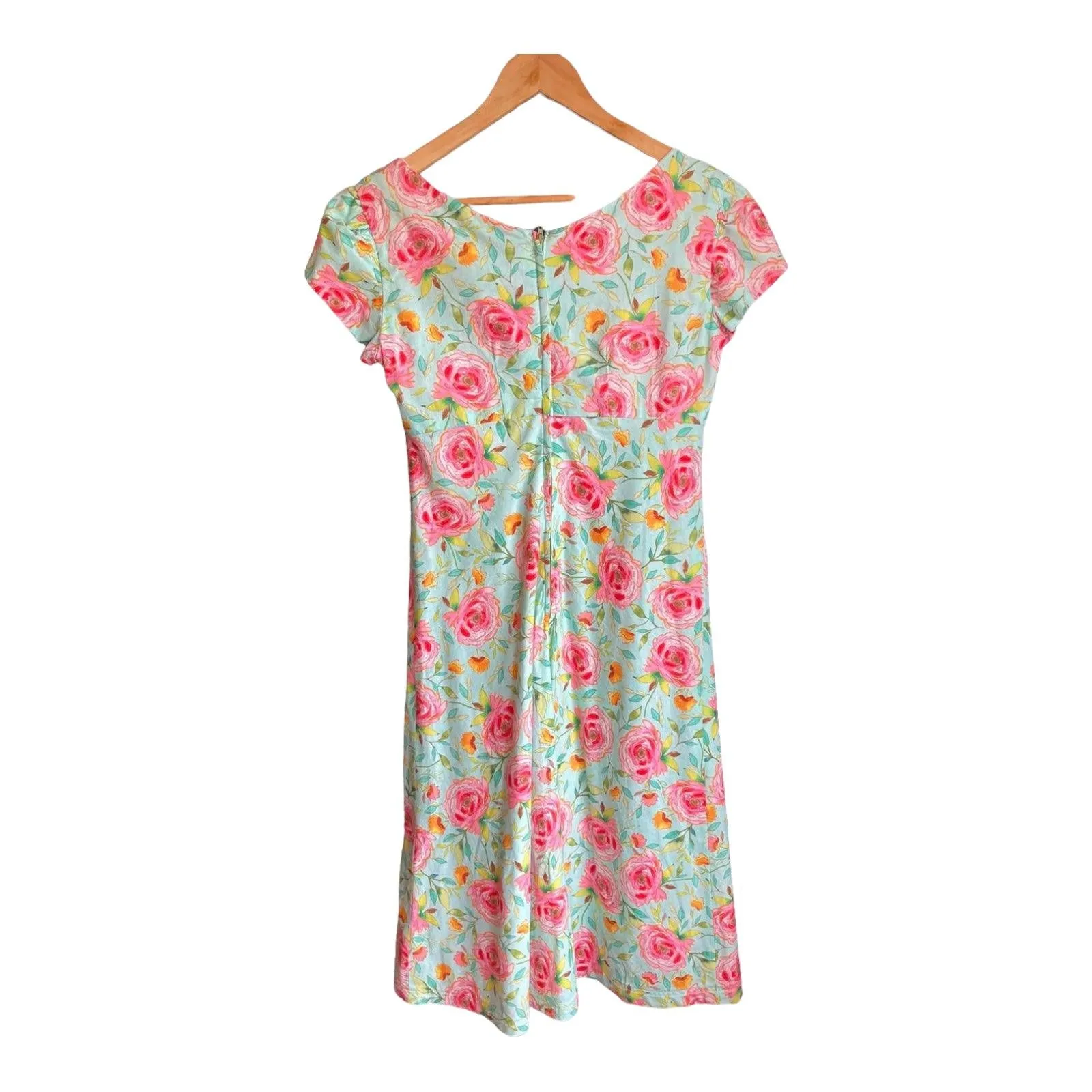Vintage Cotton Mint Green Floral Capped Sleeved Dress UK Size 12