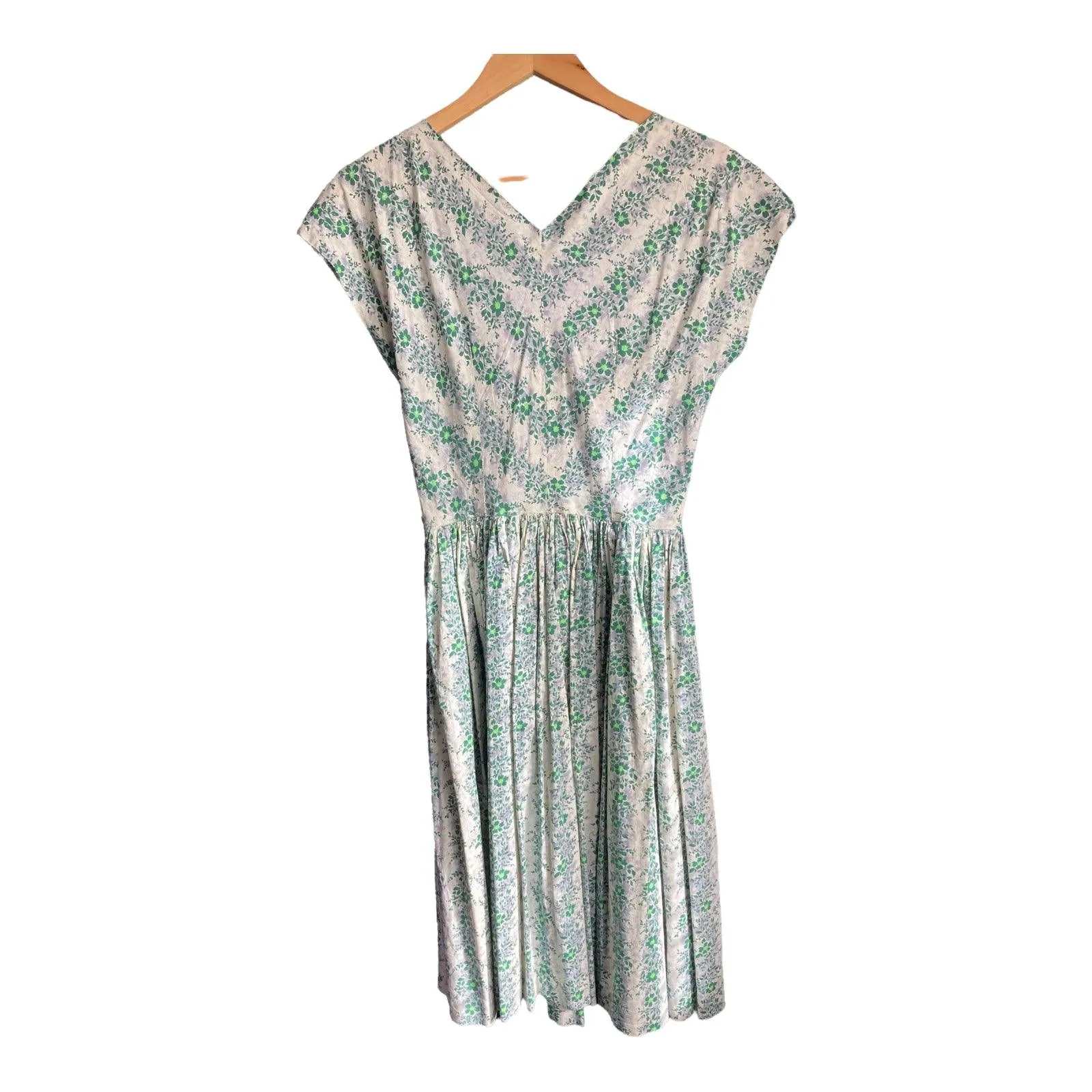 Vintage Cream And Green Floral Capped Sleeved Dress UK Size 6