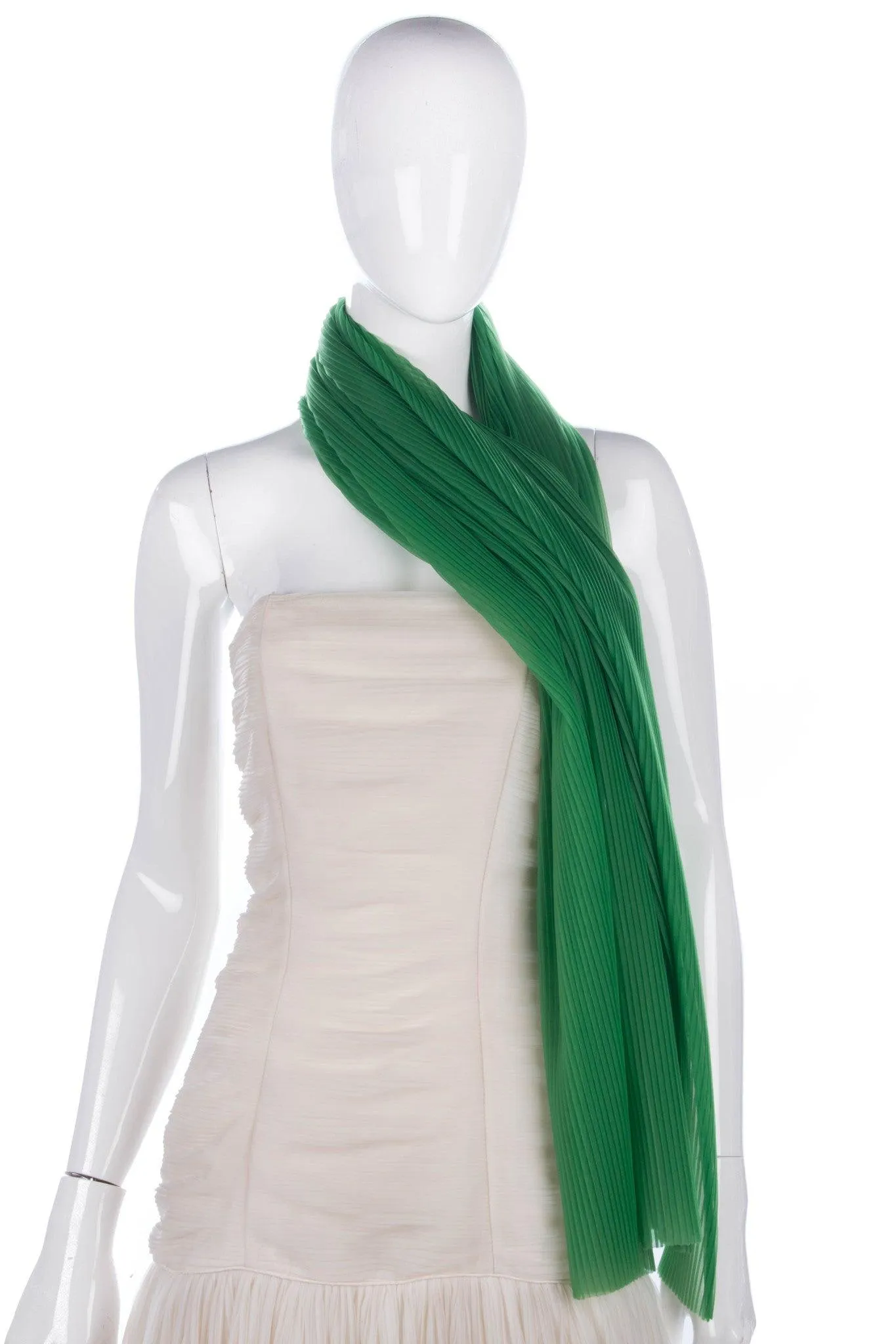 Vintage Long Strapless Evening Dress Pleated Ivory with Green Scarf Size 10