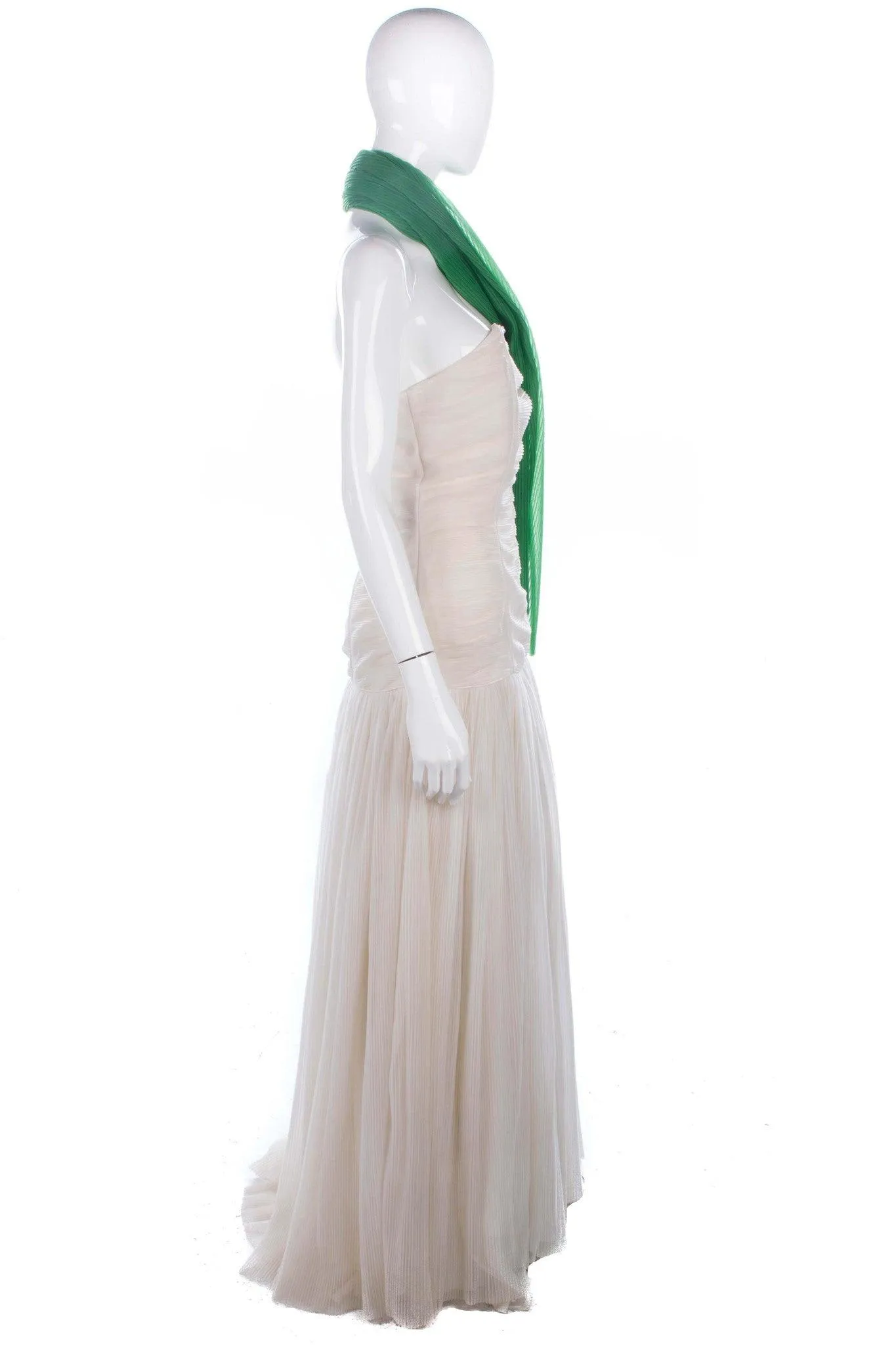 Vintage Long Strapless Evening Dress Pleated Ivory with Green Scarf Size 10