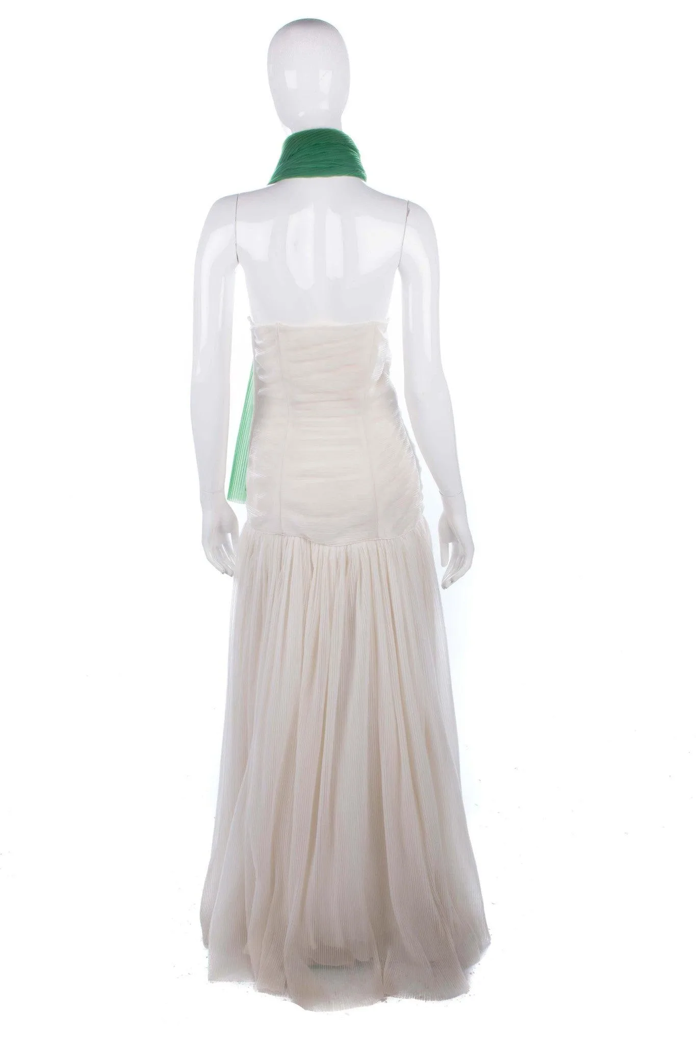 Vintage Long Strapless Evening Dress Pleated Ivory with Green Scarf Size 10