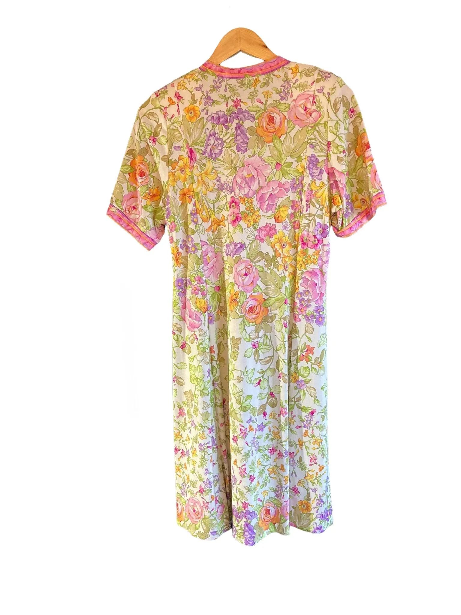 Vintage Pink, Purple And Green Floral Short Sleeved Dress UK Size 14