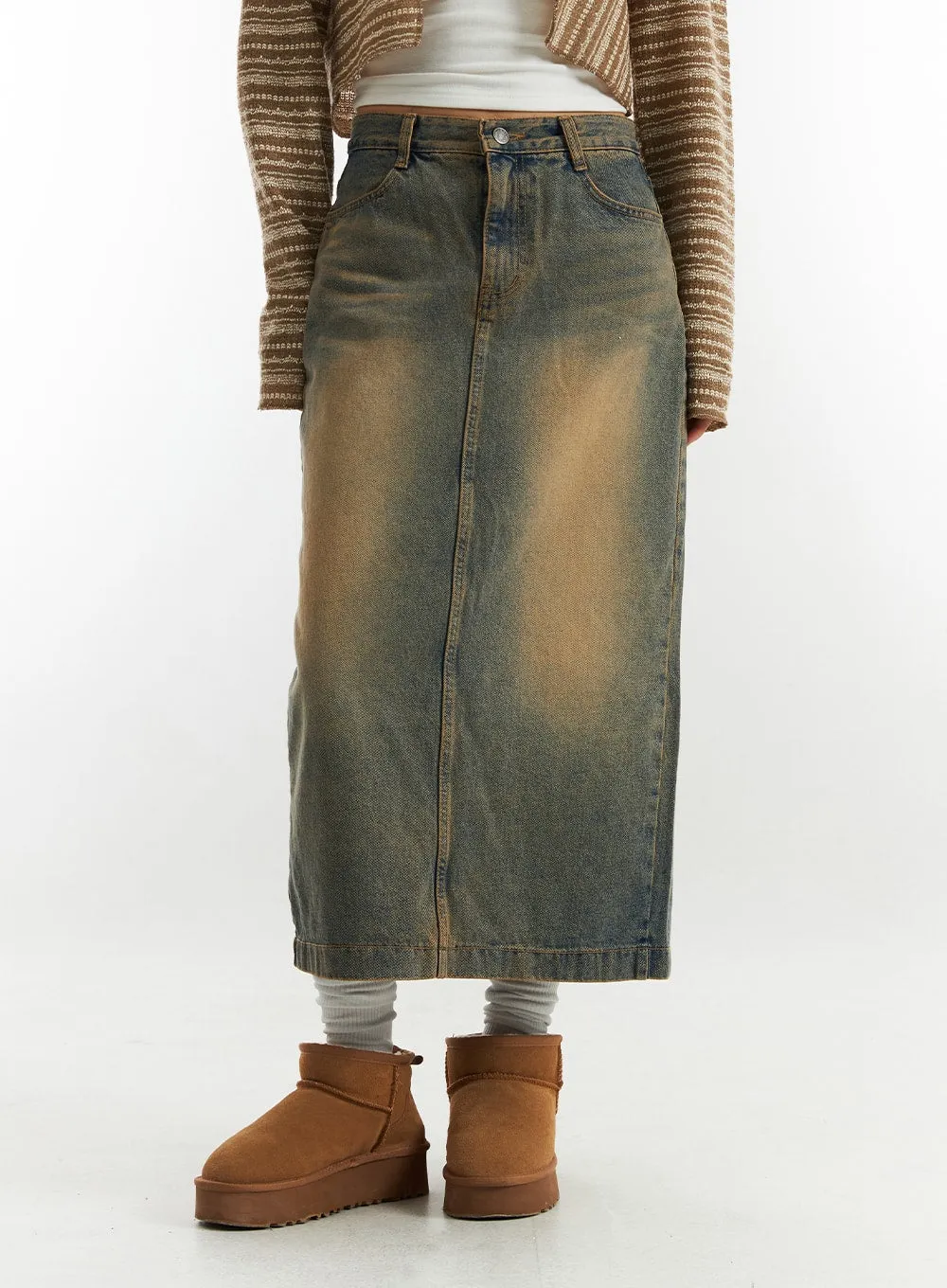 Vintage Wash Denim Long Skirt CO313