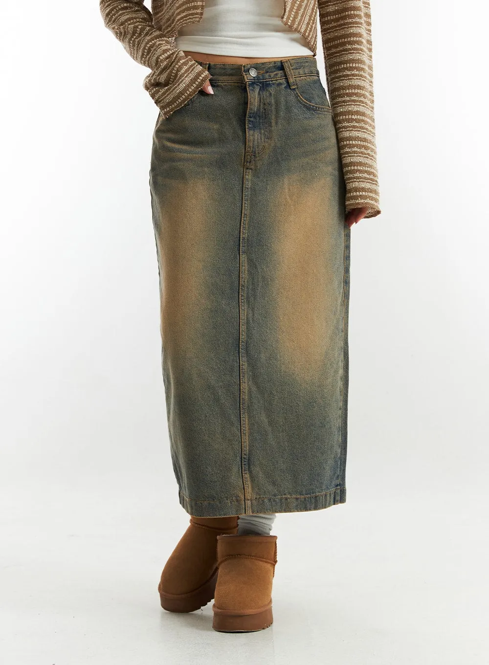 Vintage Wash Denim Long Skirt CO313