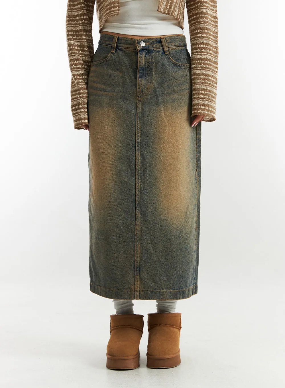 Vintage Wash Denim Long Skirt CO313