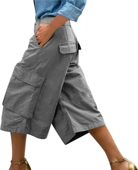 Wide Leg Capri Pants for Women Vintage High Waisted Cargo Capris with Pockets Casual Chino Baggy Cropped Hiking Pants