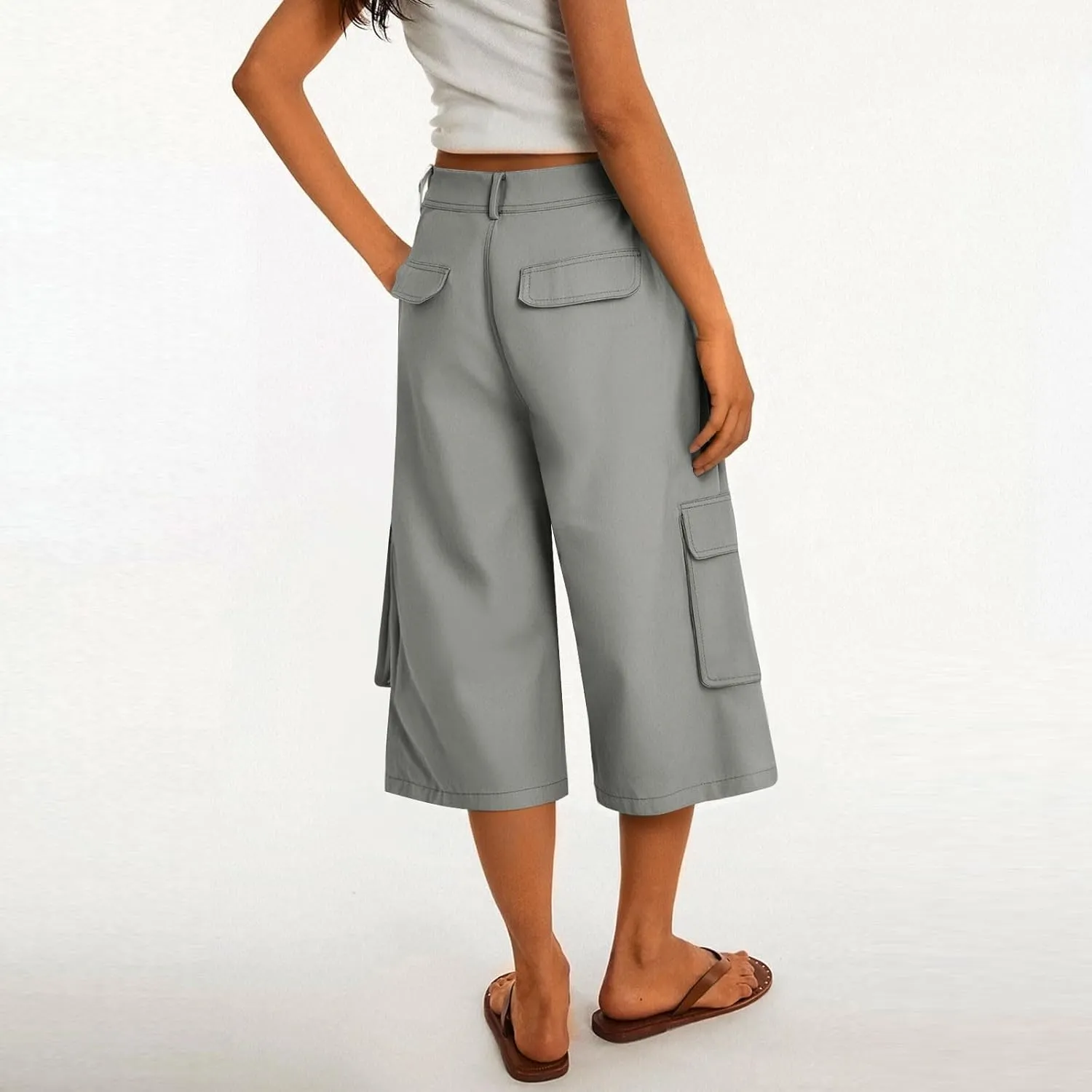 Wide Leg Capri Pants for Women Vintage High Waisted Cargo Capris with Pockets Casual Chino Baggy Cropped Hiking Pants