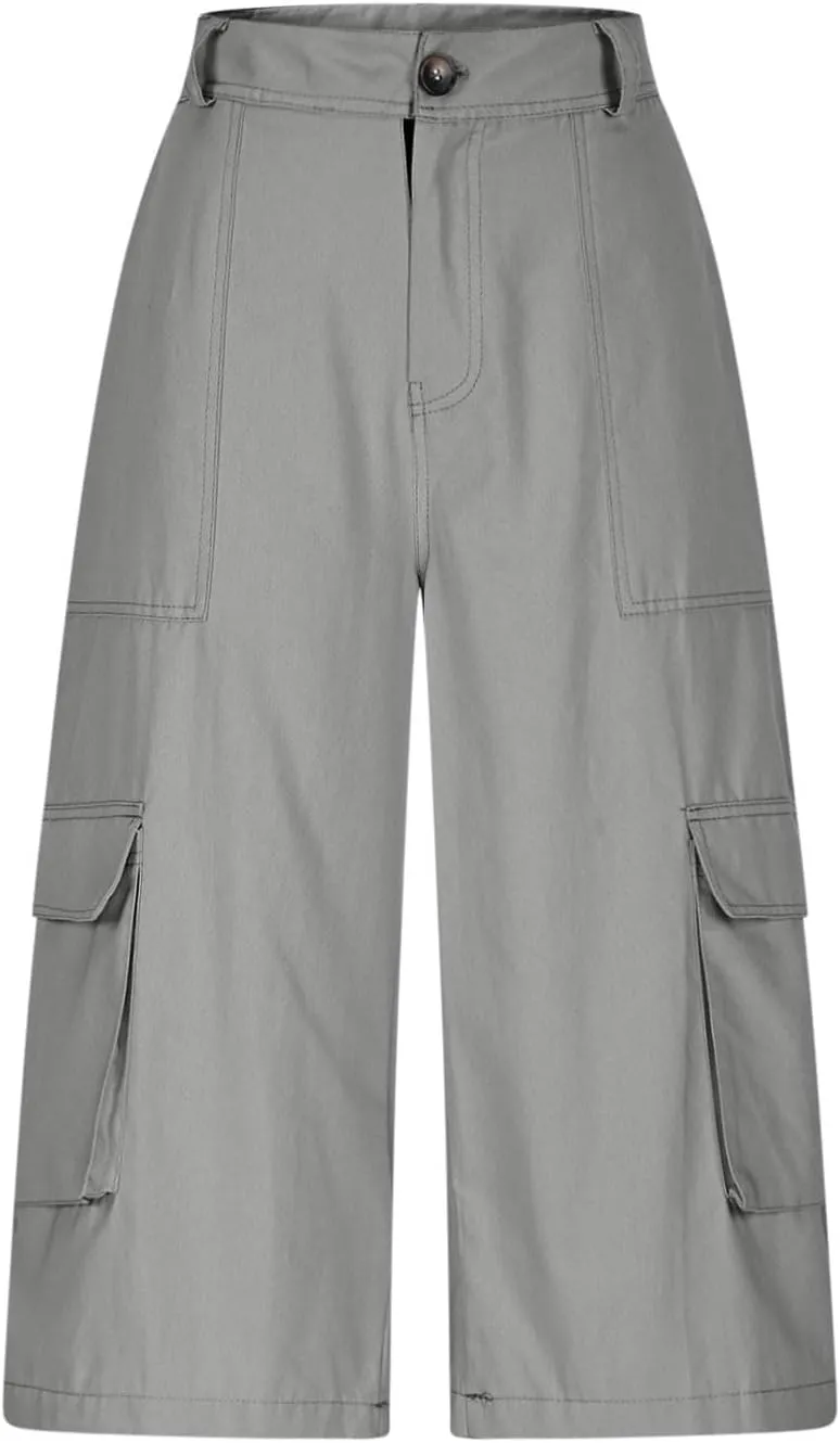 Wide Leg Capri Pants for Women Vintage High Waisted Cargo Capris with Pockets Casual Chino Baggy Cropped Hiking Pants
