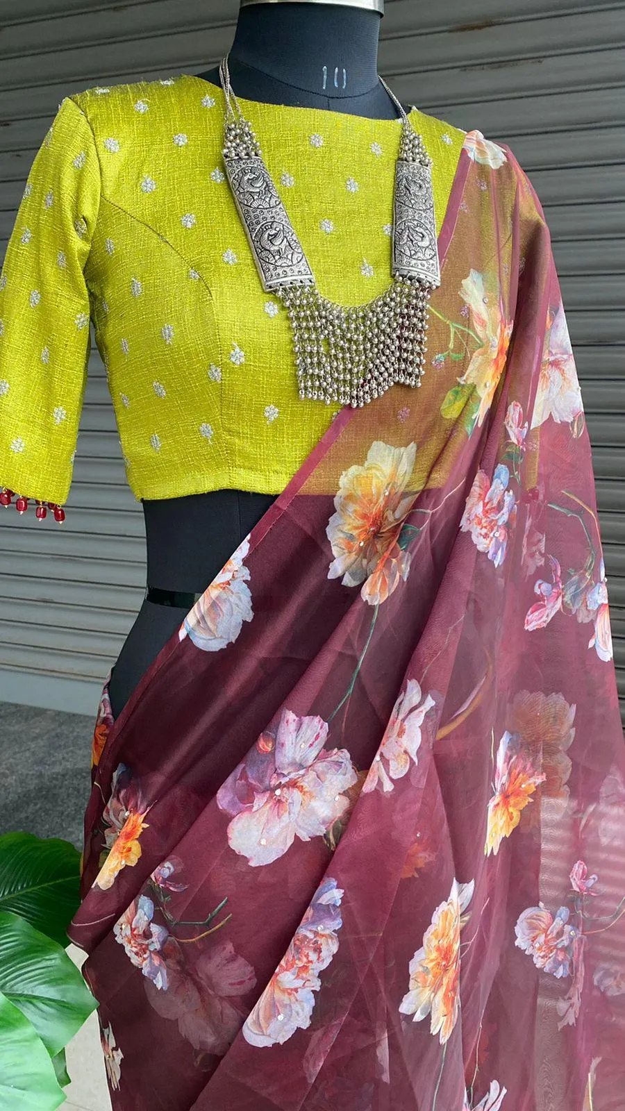 Wine Organza floral saree with heavy embroidery blouse