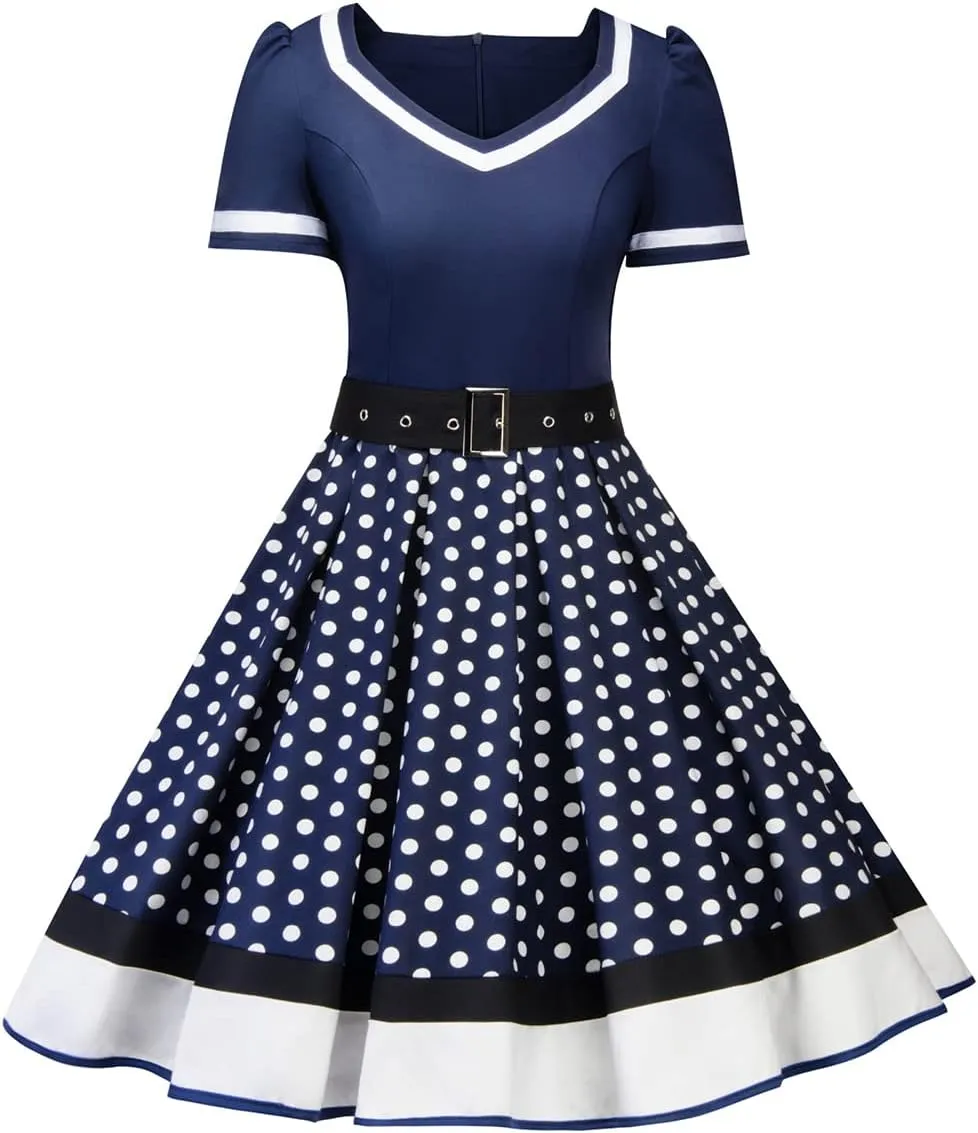 Women Short Sleeve 1950s Retro Vintage Cocktail Party Swing Dress Polka Dot Audrey Dress Casual A-Line Work Dress with Belt