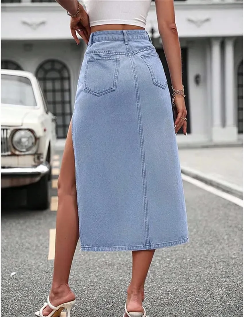 Women Vintage Frayed Hem Denim Skirts Summer Button Down Mini Jeans Skirt with Pockets