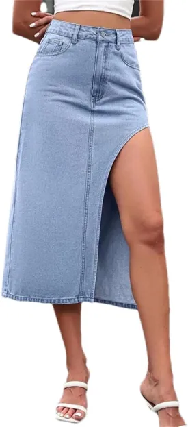 Women Vintage Frayed Hem Denim Skirts Summer Button Down Mini Jeans Skirt with Pockets