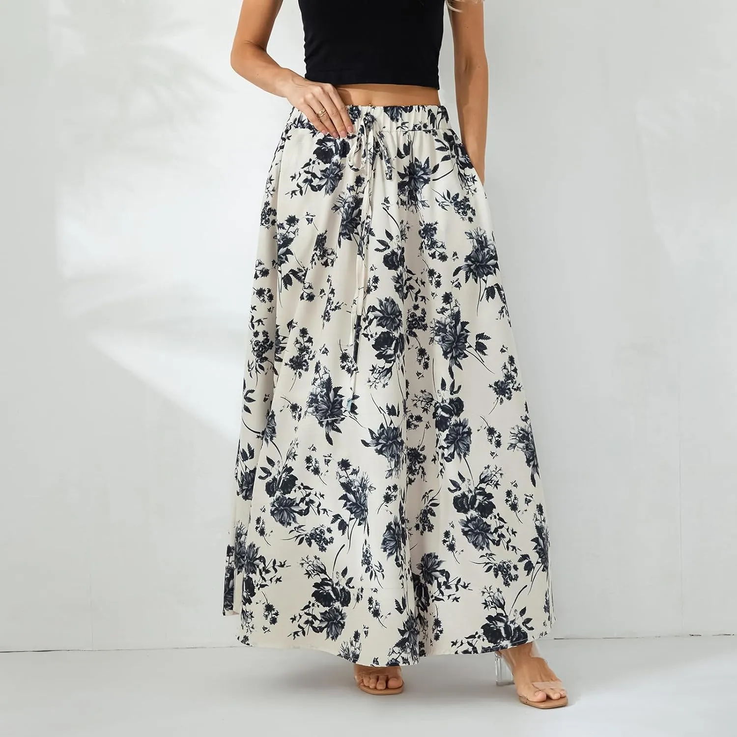 Women Y2K Bohemian Long Skirt Floral Elastic High Waist Pleated Flowy Maxi Skirt Summer Casual A Line Skirt