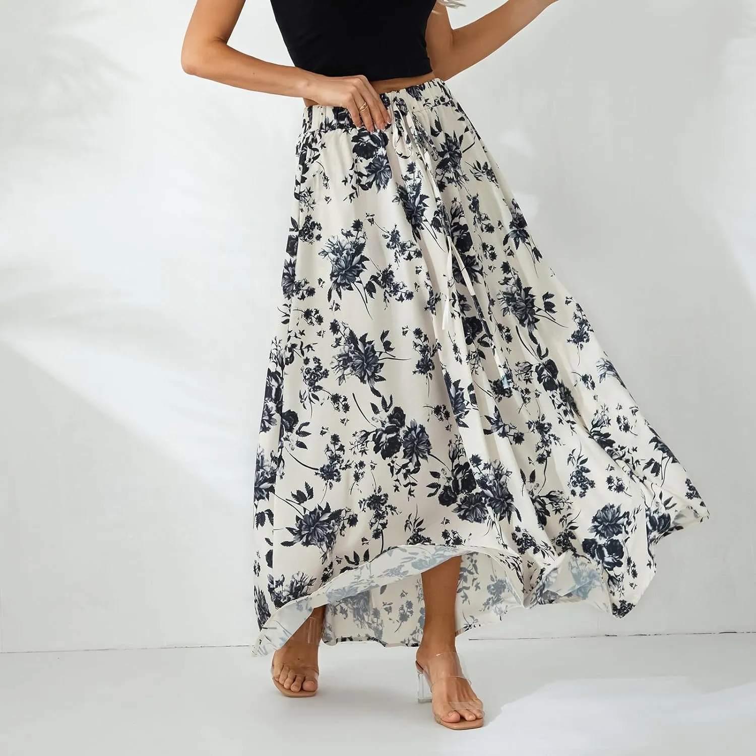 Women Y2K Bohemian Long Skirt Floral Elastic High Waist Pleated Flowy Maxi Skirt Summer Casual A Line Skirt