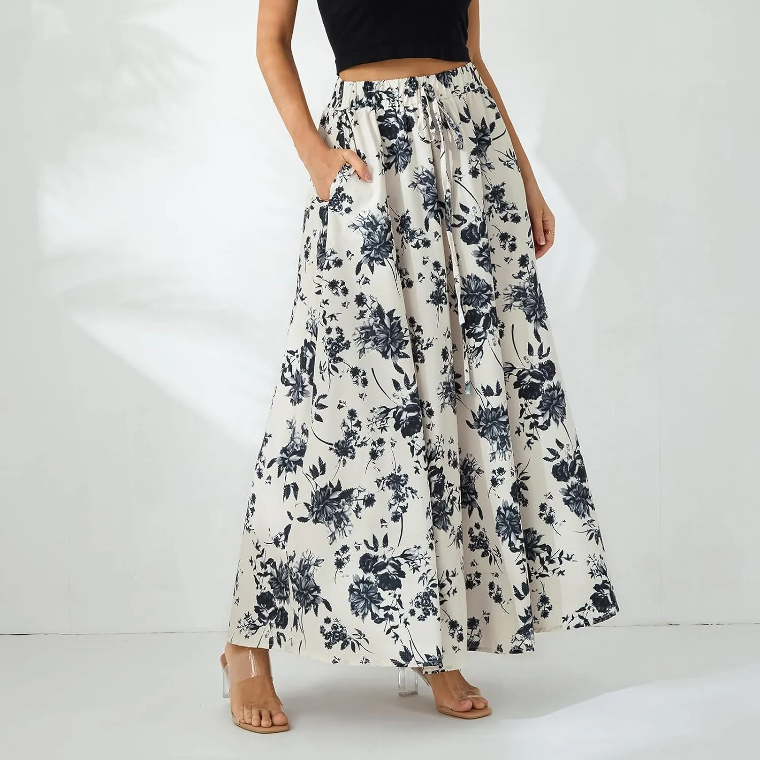 Women Y2K Bohemian Long Skirt Floral Elastic High Waist Pleated Flowy Maxi Skirt Summer Casual A Line Skirt