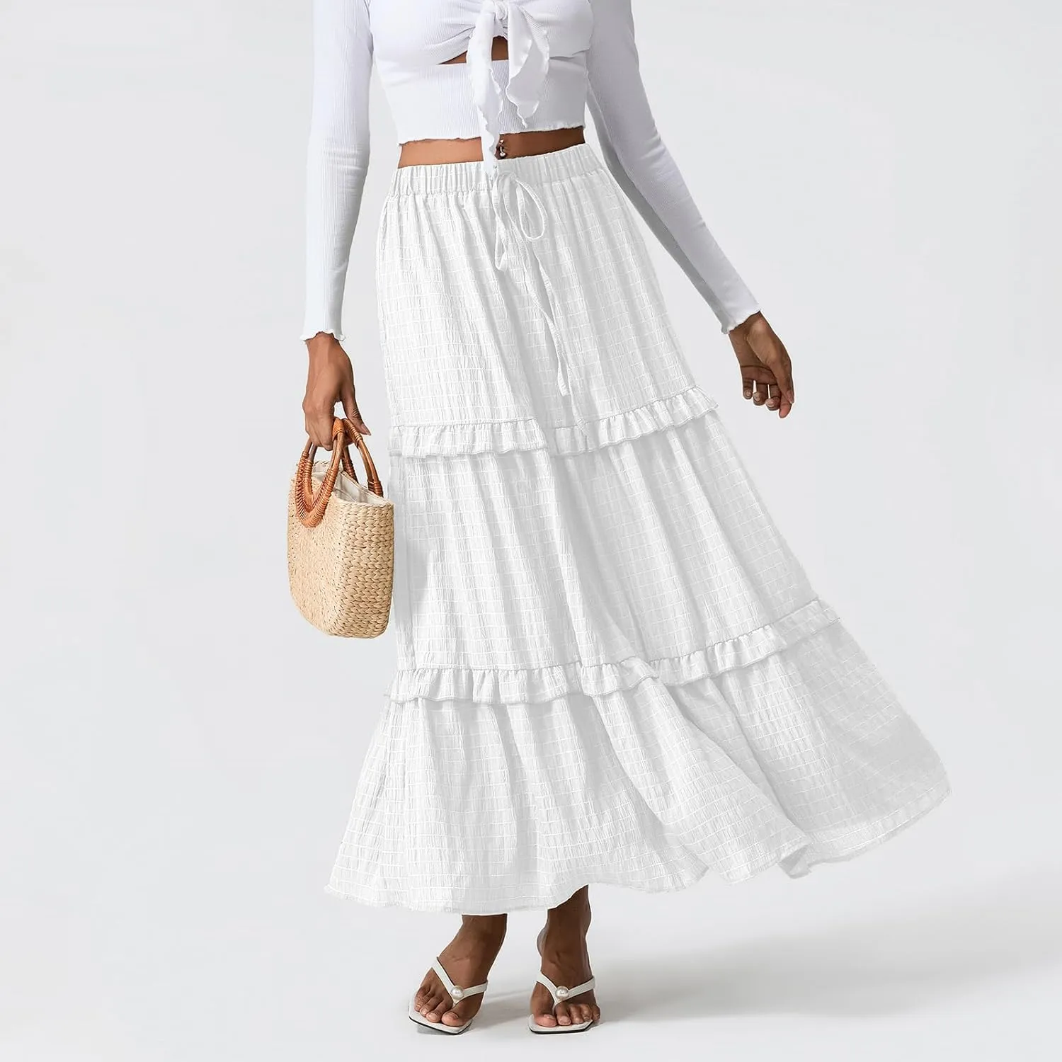 Women Y2K Bohemian Long Skirt Floral Elastic High Waist Pleated Flowy Maxi Skirt Summer Casual A Line Skirt