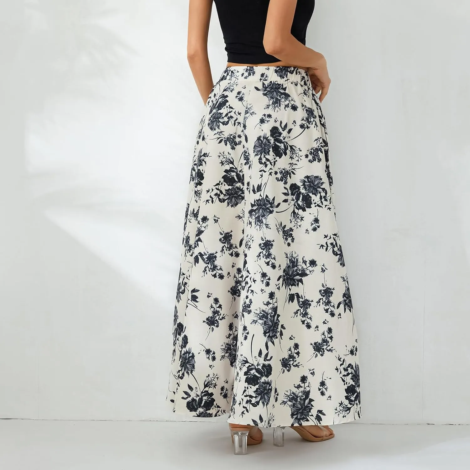 Women Y2K Bohemian Long Skirt Floral Elastic High Waist Pleated Flowy Maxi Skirt Summer Casual A Line Skirt