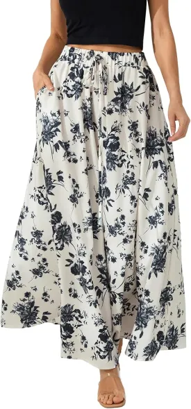 Women Y2K Bohemian Long Skirt Floral Elastic High Waist Pleated Flowy Maxi Skirt Summer Casual A Line Skirt