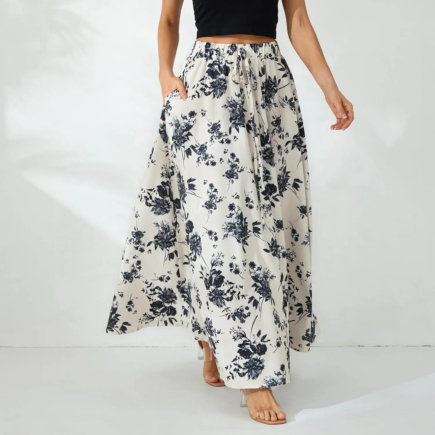 Women Y2K Bohemian Long Skirt Floral Elastic High Waist Pleated Flowy Maxi Skirt Summer Casual A Line Skirt