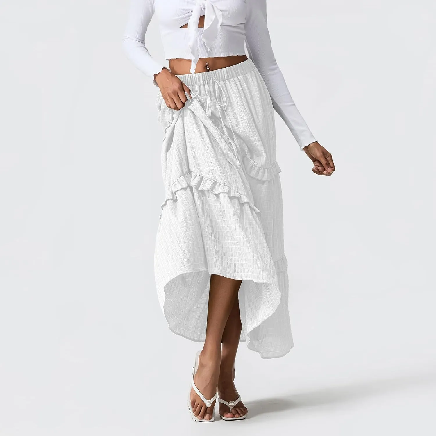 Women Y2K Bohemian Long Skirt Floral Elastic High Waist Pleated Flowy Maxi Skirt Summer Casual A Line Skirt