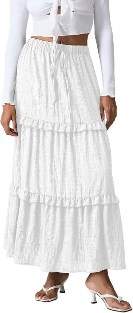 Women Y2K Bohemian Long Skirt Floral Elastic High Waist Pleated Flowy Maxi Skirt Summer Casual A Line Skirt