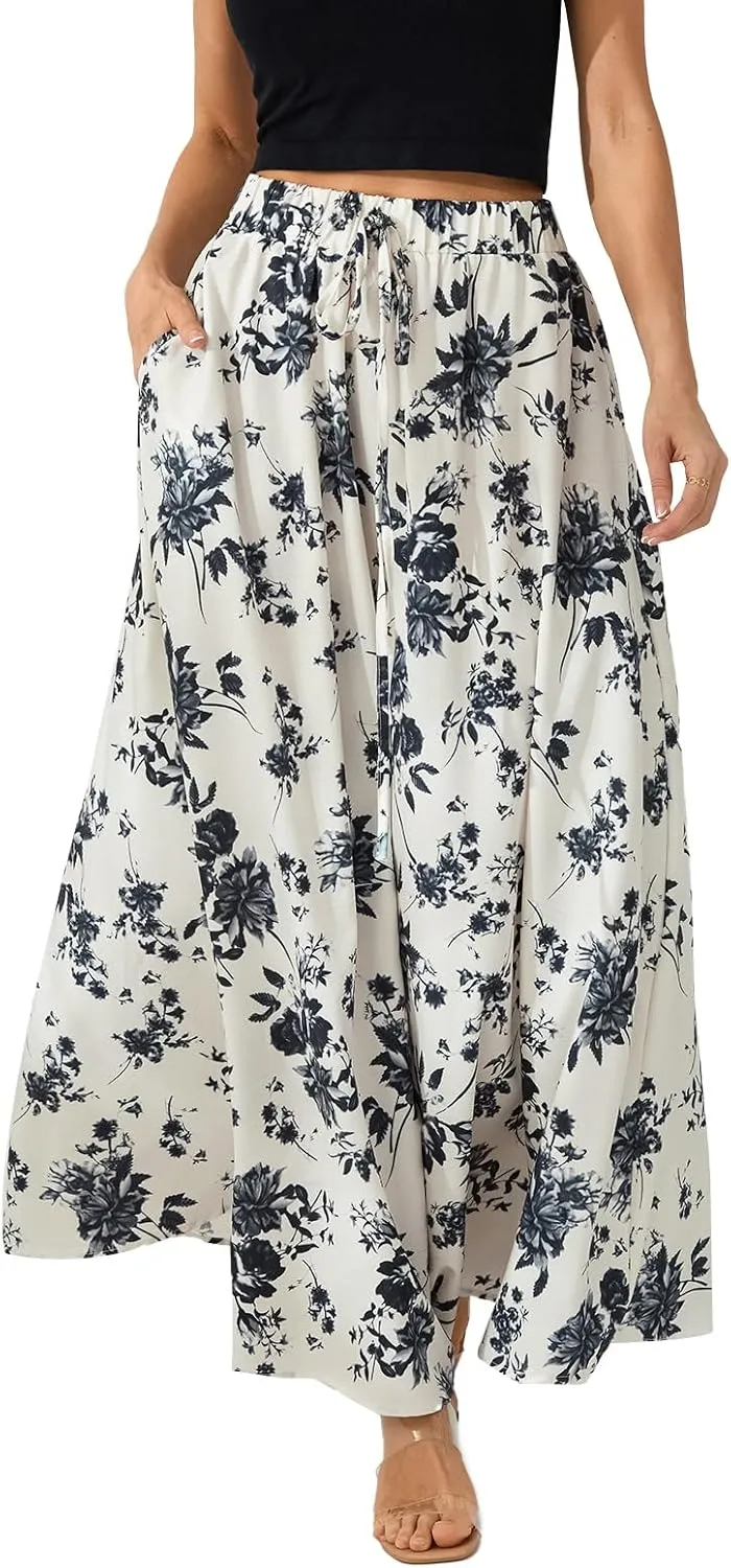Women Y2K Bohemian Long Skirt Floral Elastic High Waist Pleated Flowy Maxi Skirt Summer Casual A Line Skirt