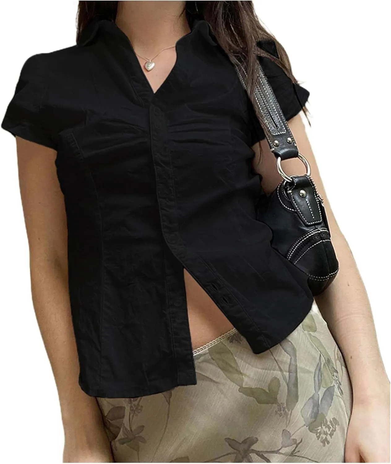 Women Y2k Short Sleeve Button Down Shirts Casual V Neck Button Up Top Vintage Slim Fit Collared Going Out Blouse
