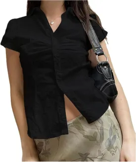 Women Y2k Short Sleeve Button Down Shirts Casual V Neck Button Up Top Vintage Slim Fit Collared Going Out Blouse