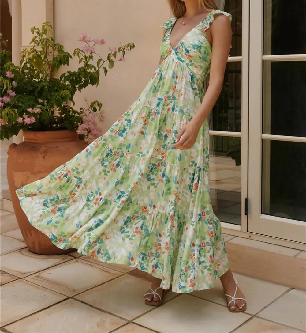 Womens Boho Floral Maxi Dress Y2K Cottage Spaghetti Strap Tiered Beach Vacation Dress Summer Long Flowy Sundress