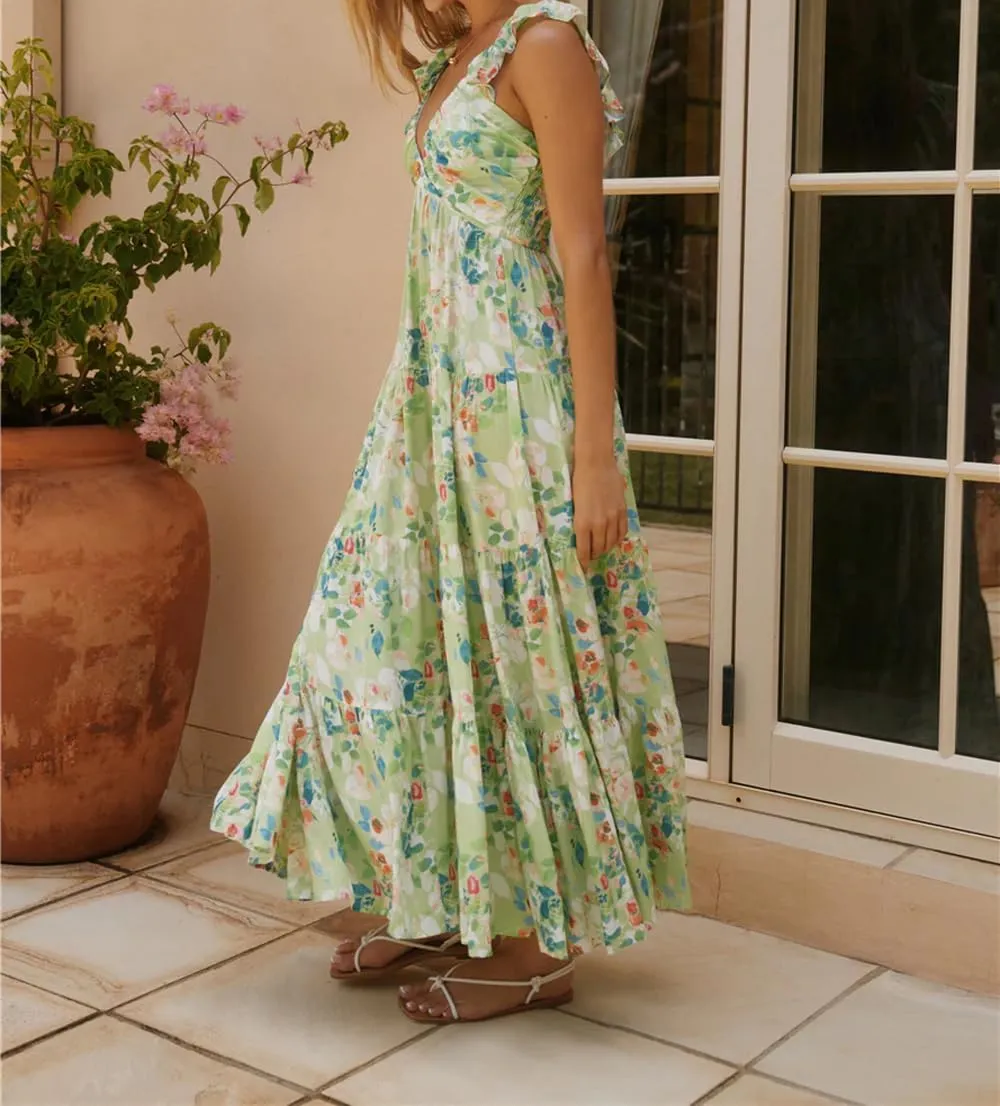 Womens Boho Floral Maxi Dress Y2K Cottage Spaghetti Strap Tiered Beach Vacation Dress Summer Long Flowy Sundress