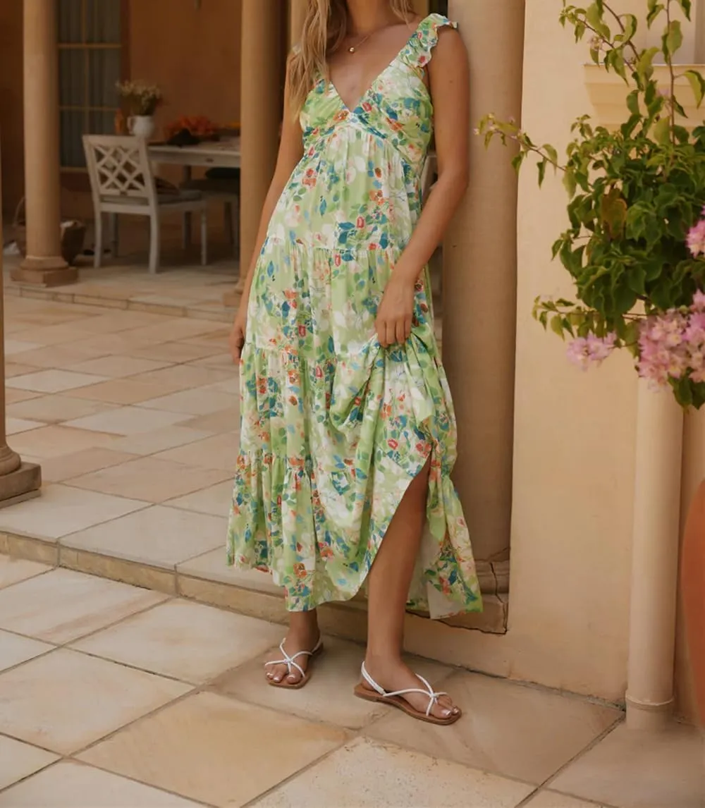 Womens Boho Floral Maxi Dress Y2K Cottage Spaghetti Strap Tiered Beach Vacation Dress Summer Long Flowy Sundress