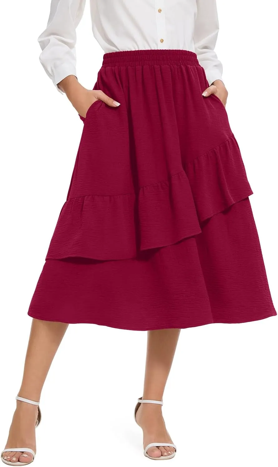 Women's Boho Tiered Midi Skirt Vintage Summer Elastic High Waist Skirt Ruffle A-Line Flowy Skirts with Pockets