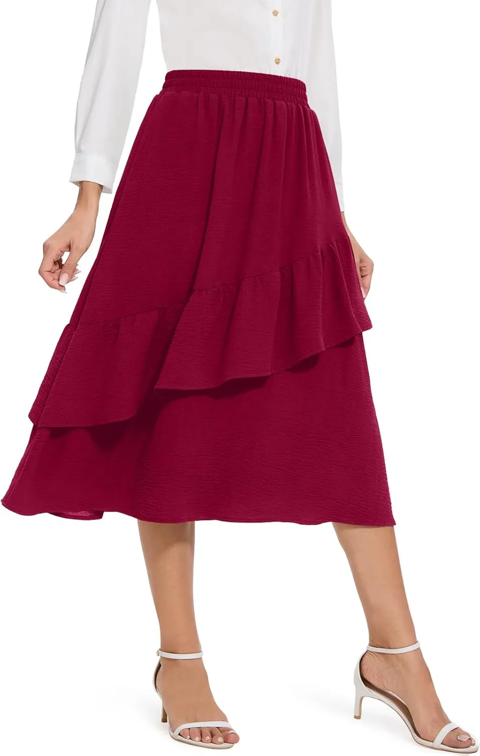 Women's Boho Tiered Midi Skirt Vintage Summer Elastic High Waist Skirt Ruffle A-Line Flowy Skirts with Pockets