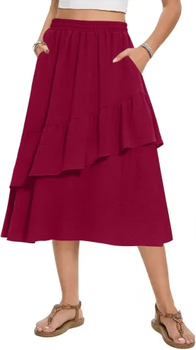 Women's Boho Tiered Midi Skirt Vintage Summer Elastic High Waist Skirt Ruffle A-Line Flowy Skirts with Pockets