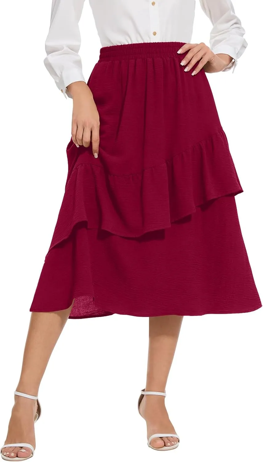 Women's Boho Tiered Midi Skirt Vintage Summer Elastic High Waist Skirt Ruffle A-Line Flowy Skirts with Pockets