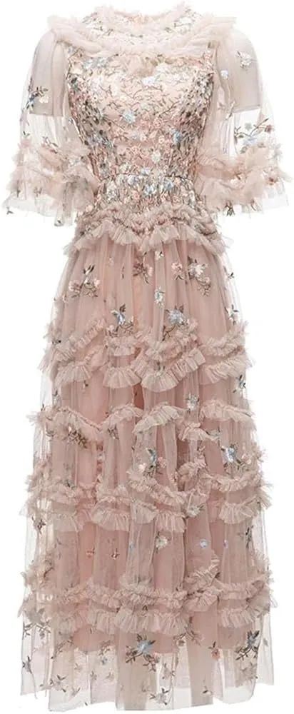 Women's Floral Embroidery Vintage Dress High Waist Lace Cascading Ruffle Midi Party Dresses