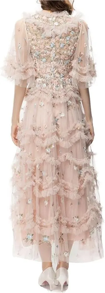Women's Floral Embroidery Vintage Dress High Waist Lace Cascading Ruffle Midi Party Dresses