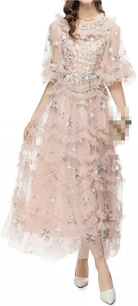 Women's Floral Embroidery Vintage Dress High Waist Lace Cascading Ruffle Midi Party Dresses