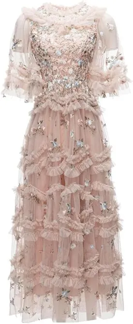 Women's Floral Embroidery Vintage Dress High Waist Lace Cascading Ruffle Midi Party Dresses