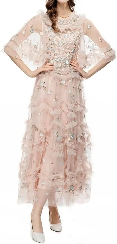 Women's Floral Embroidery Vintage Dress High Waist Lace Cascading Ruffle Midi Party Dresses